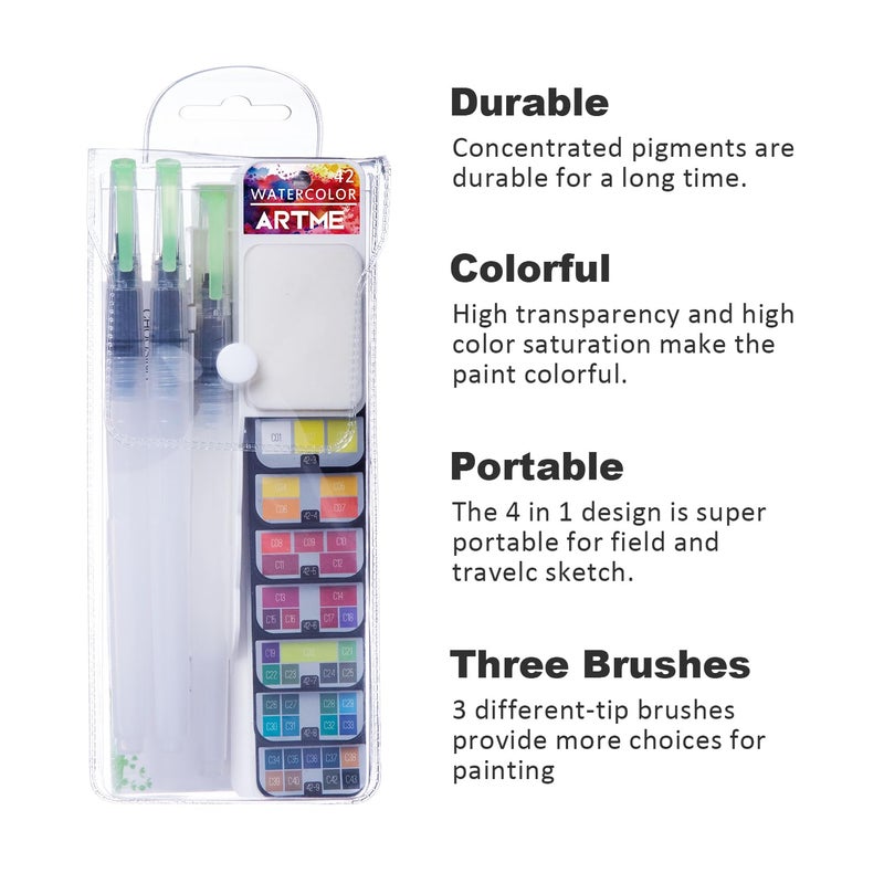 ARTME Watercolor Paint set â€“ 42 Assorted Colors with 3 Brushes â€“ Perfect Foldable Watercolor Field Sketch Set for Outdoor Painting â€“Travel Pocket Watercolor Kit - Image 5